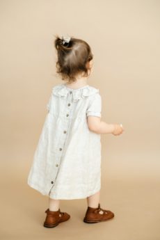Limited Edition Checked White and Natural Linen Dress Ruby with Short Sleeves
